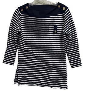 Tory Burch Sz XS Stripe Crewneck Top Gold Buttons